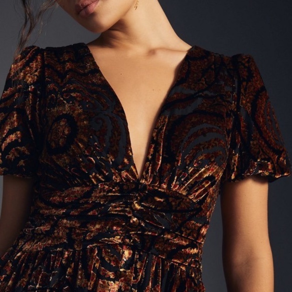 Anthropologie Catalina Burnout Velvet Dress Black Gold Paisley V-Neck Maxi Sz 4 - Picture 2 of 13